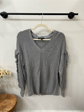 Express Grey Ruffled V-Neck Sweater